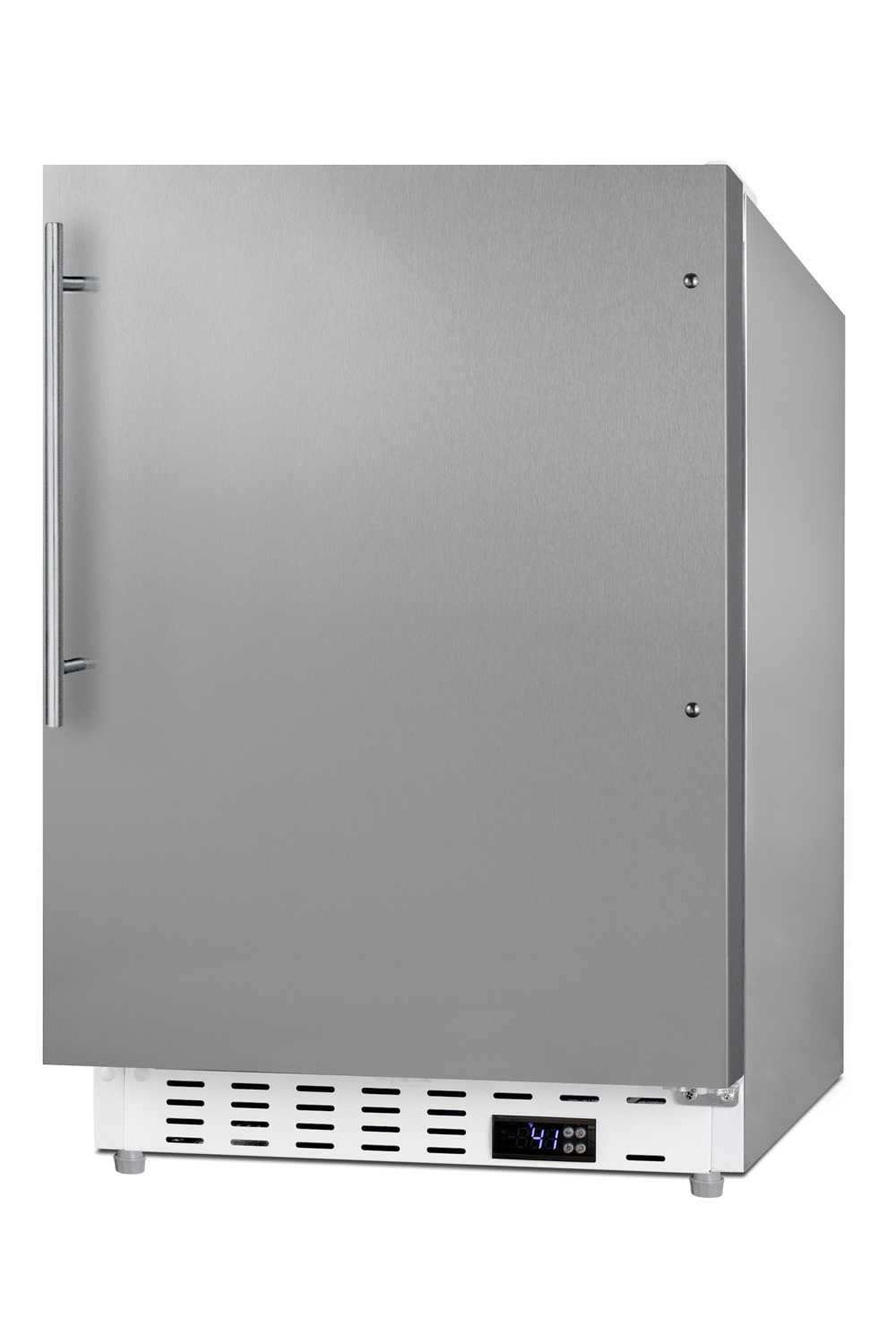Built-in undercounter ADA compliant residential all-refrigerator with SS cabinet and door and towel bar handle with door storage and automatic defrost operation